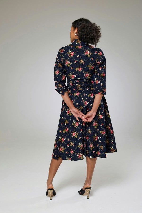 Isha's Timeless collection Navy Flora Cord Long Sleeve Dress