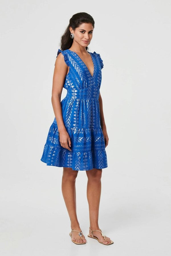 Blue | Metallic Cap Sleeve Short Skater Dress
