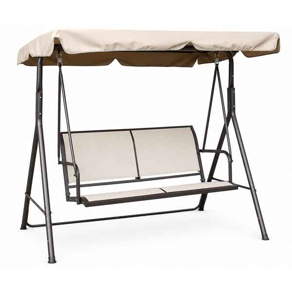 Textoline & Steel 2 Seater Swing Seat with Adjustable Angled Canopy, Light Beige Textoline and Brown Steel Frame, Flat Pack