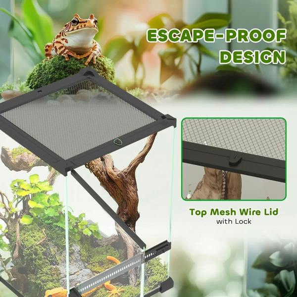 Black reptile vivarium with top mesh wire lid and lock, clear glass sides and vented frame