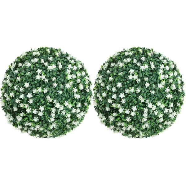 Set of two artificial boxwood topiary ball plants with white blossoms, green spheres