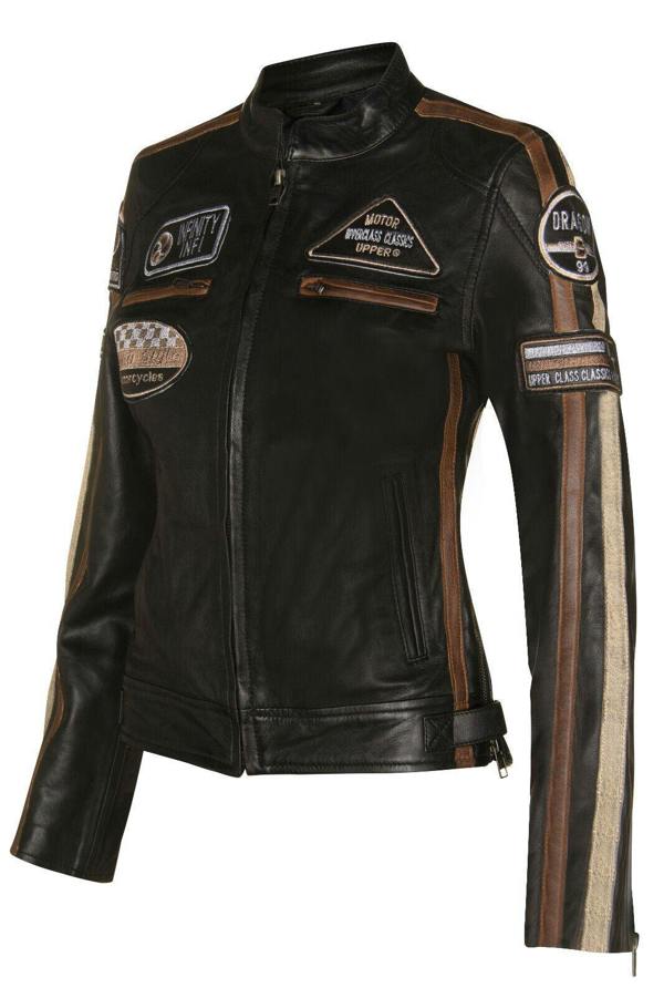 Infinity Leather Womens Leather Biker Racing Badges Jacket-Agadir