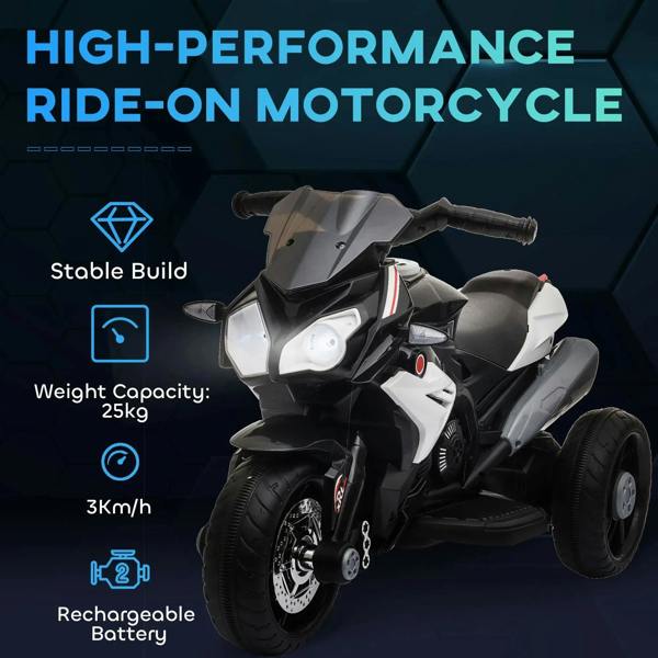 Kids electric ride-on motorcycle, black with gray fairing, front view with headlight