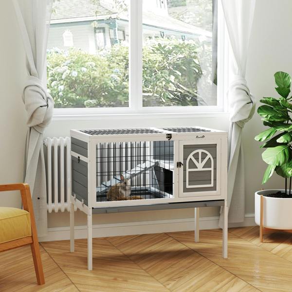 PawHut Wooden Rabbit Hutch, Small Animal House w/ Removable Tray, Openable Roof