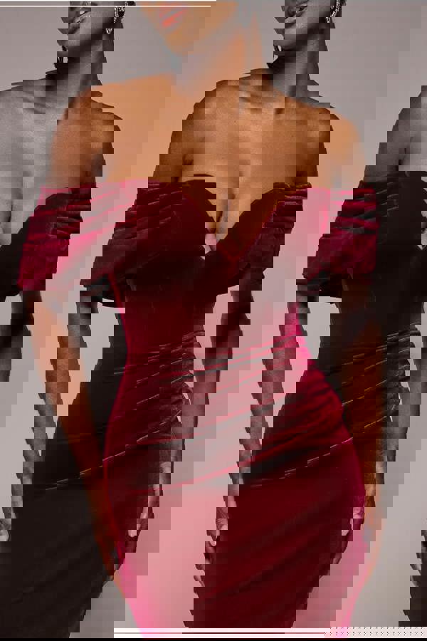 Off The Shoulder Deep Plunge Velvet Maxi Dress - Burgundy DR4692