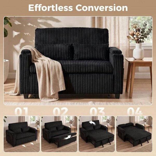2 Seater Sofa Bed, Pull Out Sleeper Sofa w/ Adjustable Backrest, Storage Armrests, Cup Holders, Side Pockets, Black