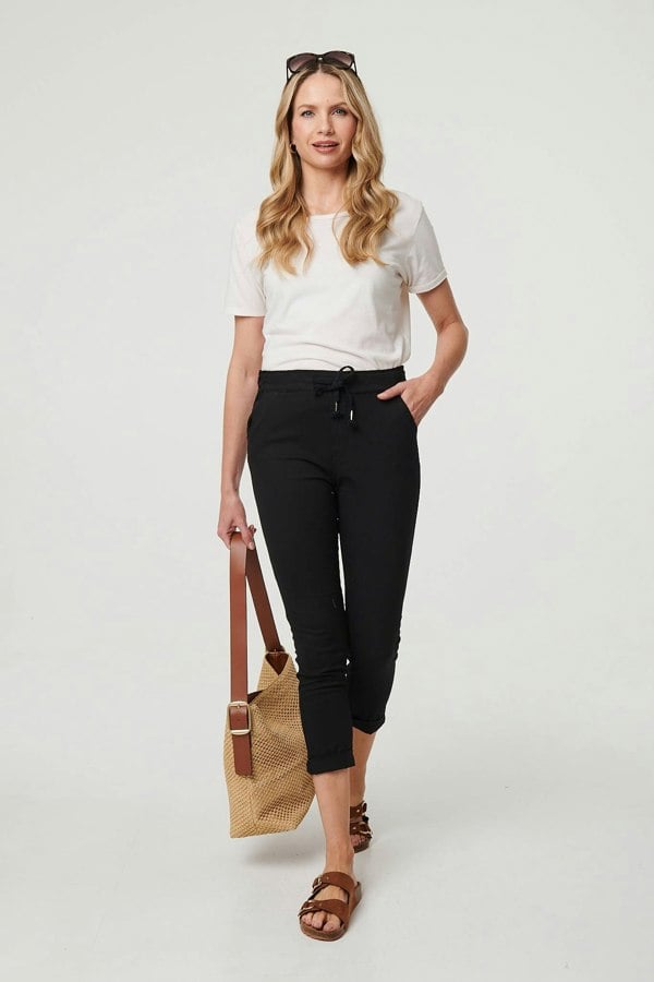 Black | Tie Waist Slim Cropped Trousers
