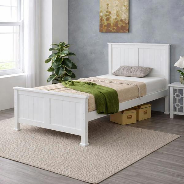 Mission TM Madrid Solid Pine Bed Frame, Panelled Headboard, White, 4 Sizes