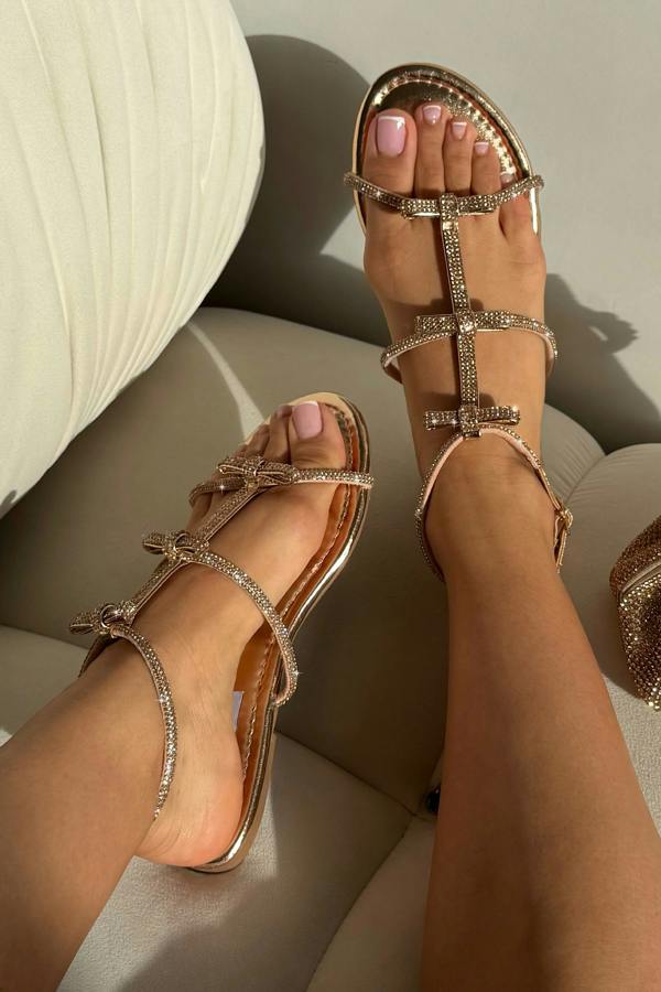 Crystal Harmony Bow Multi-Strap Sandals Rose Gold featuring multi-strap sandal design