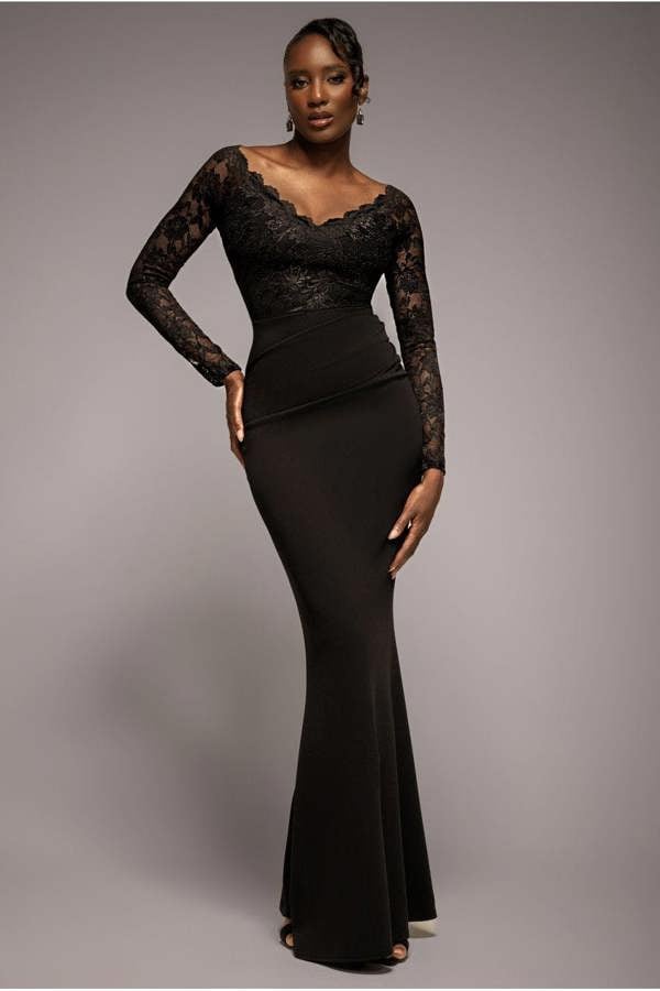 Scalloped Lace Bodice Long Sleeve Bardot Maxi Dress - Black DR4678