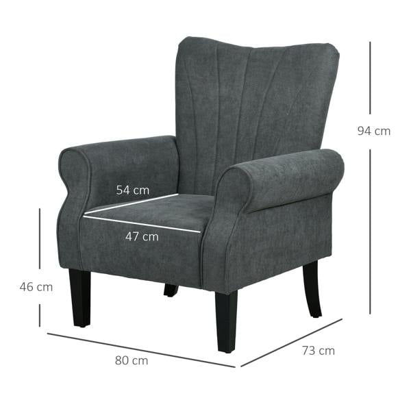 Grey accent chair with rolled arms and tall back, size diagram