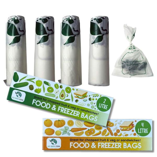 Eco Green Living Certified Compostable Food & Freezer Bags Pack 2 Litre & 4 Litre (120 bags total)