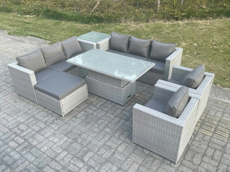 Fimous Rattan Garden Sofa Dining Set with Adjustable Rising Table, Lounge Chair, Side Table & Footstool