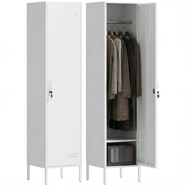 Metal Locker Cabinet with Hanging Rod, Lock and Key, Single Locker Storage Cabinet with Shelf, White