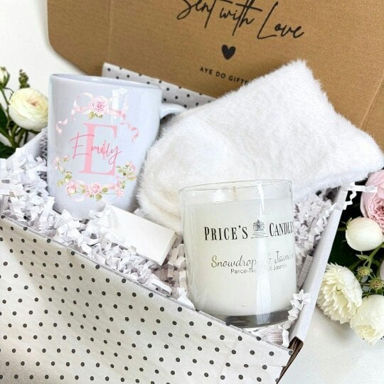 Aye Do Gifts Personalised Pink Roses Mug, Candle & Socks Gift Hamper | Birthday Gift