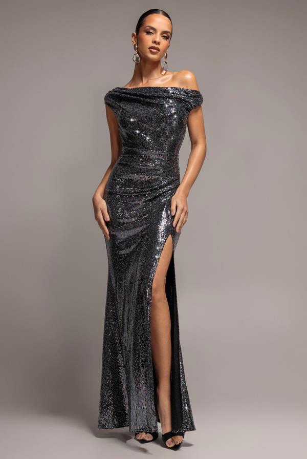 Asymmetric One Shoulder Front Split Sequin Maxi Dress - Black Multi DR5331