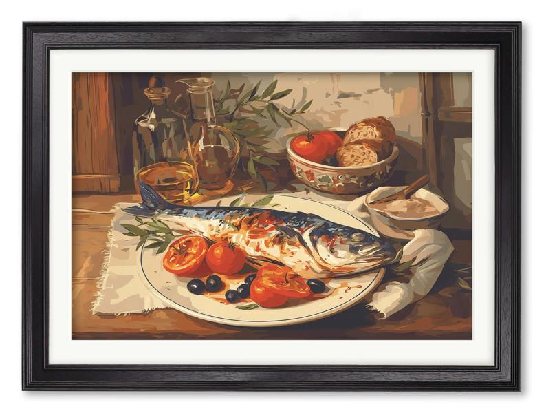Exceptional Art Mediterranean Fish Supper - Black Hurstwood Frame