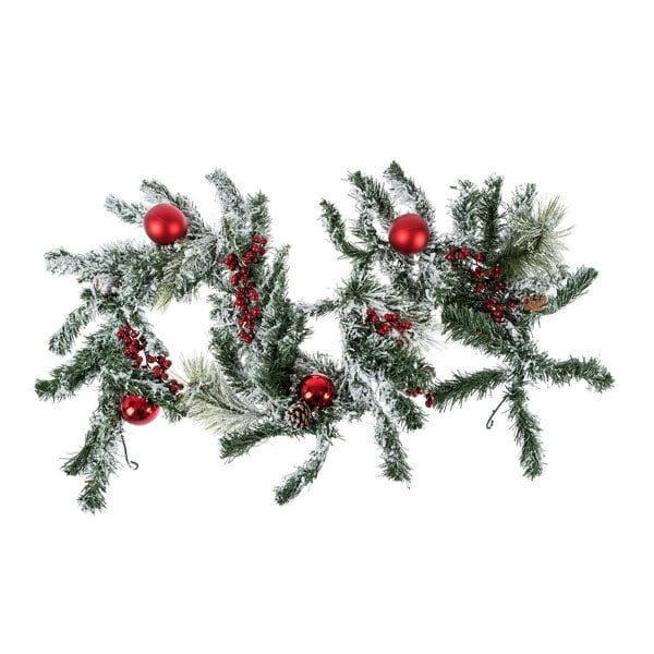 HOMESCAPES Frosted Artificial Christmas Garland with Red Baubles