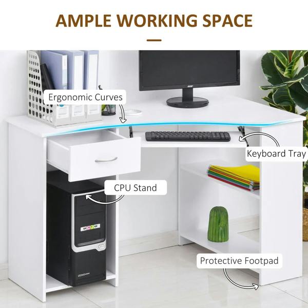 White corner desk with keyboard tray, CPU stand, and drawer storage