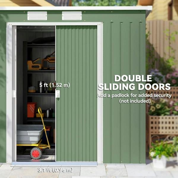 Green galvanised steel garden shed with open left door and double door front