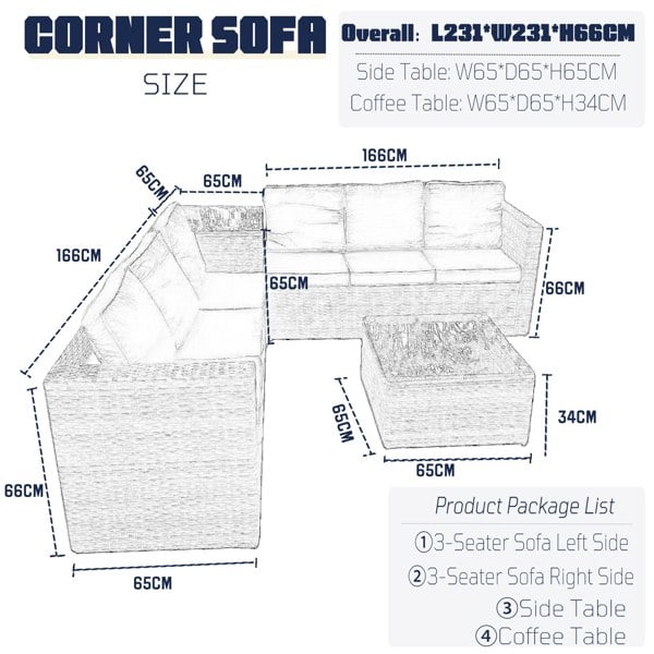 Furniture One Rattan Corner 6 Seater Sofa Set, Padded Garden Lounge Set with Side Table & Tempered Glass Coffee Table