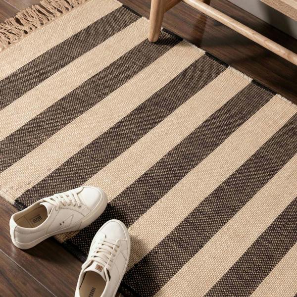 Handloom Jute Rug Natural White Black Fringed, Reversible, Striped Rug