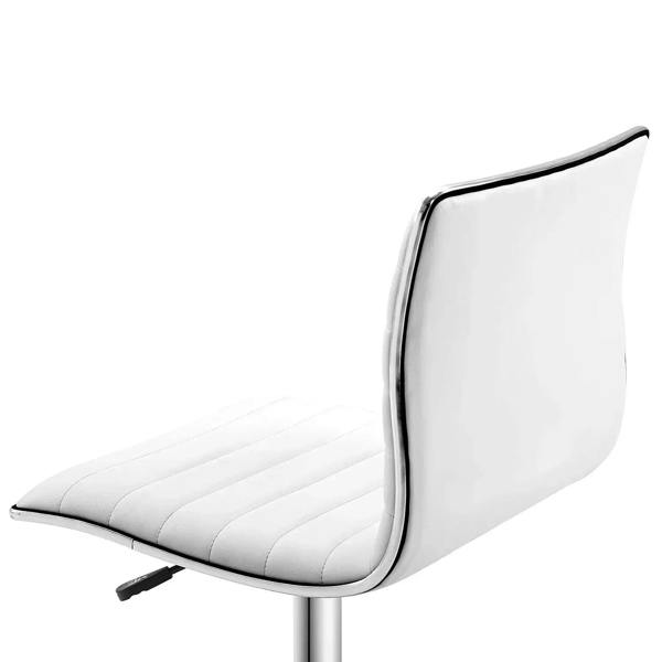 White PU armless swivel office chair close-up of padded seat and chrome edge trim