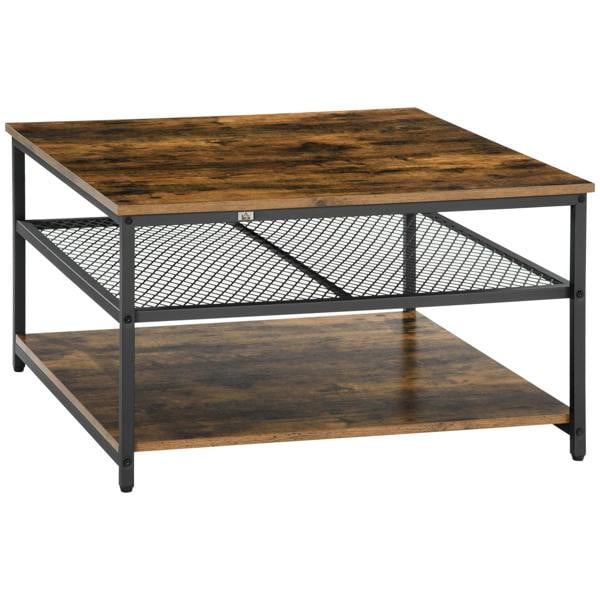 Wyld Haus Nafata Wooden Rustic Brown Square Coffee Table With 3 Tier Shelves