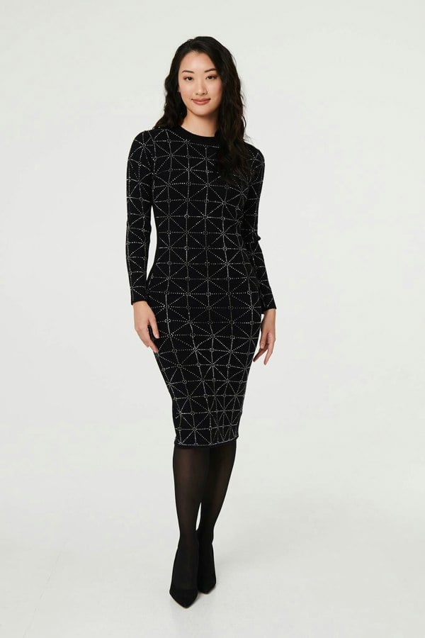 Black | Geo Diamante Detail Slim Knit Midi Dress
