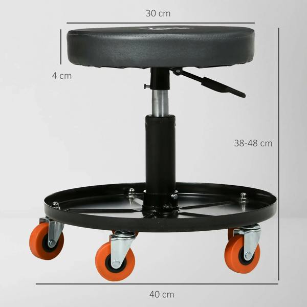 Black adjustable workshop stool with padded seat, foot lever, and caster base