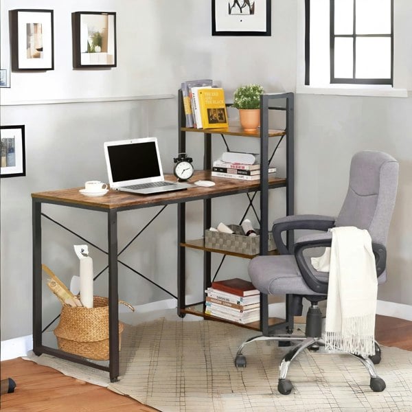 Rafaelo Mobilia 97CM Wide Computer Desk With 3 Shelves Rustic Brown