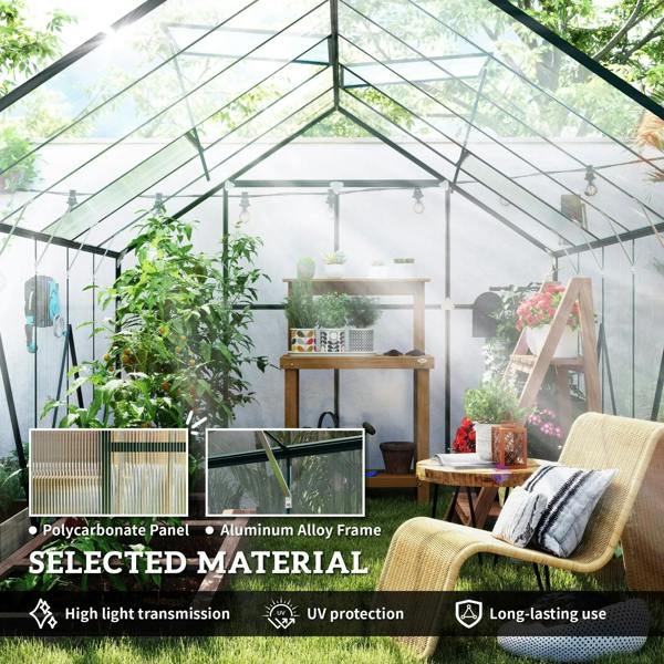 Indoor view of a clear polycarbonate greenhouse with aluminum frame, plants, and wooden shelves.