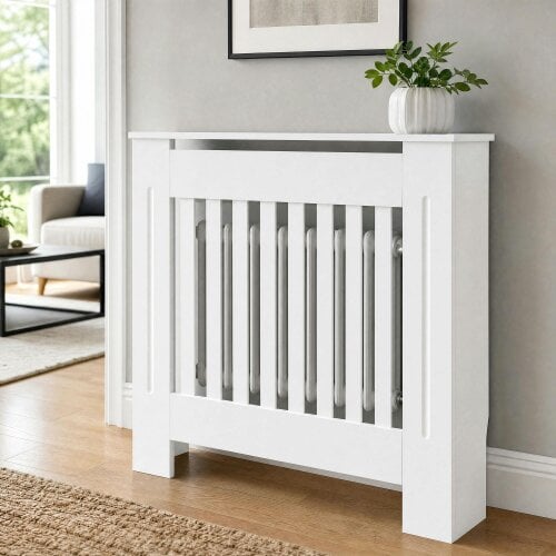 HOMCOM Radiator Cover Wooden Cabinet Vertical Slatted Vent MDF White Home