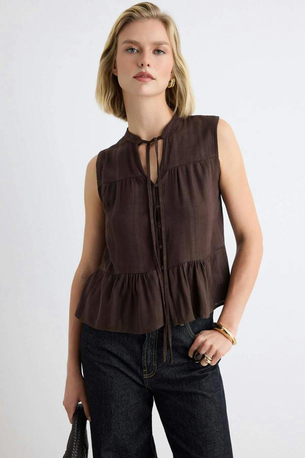 WOVCOR Sleeveless Mandarin Collar Relaxed Fit Shirt - Brown