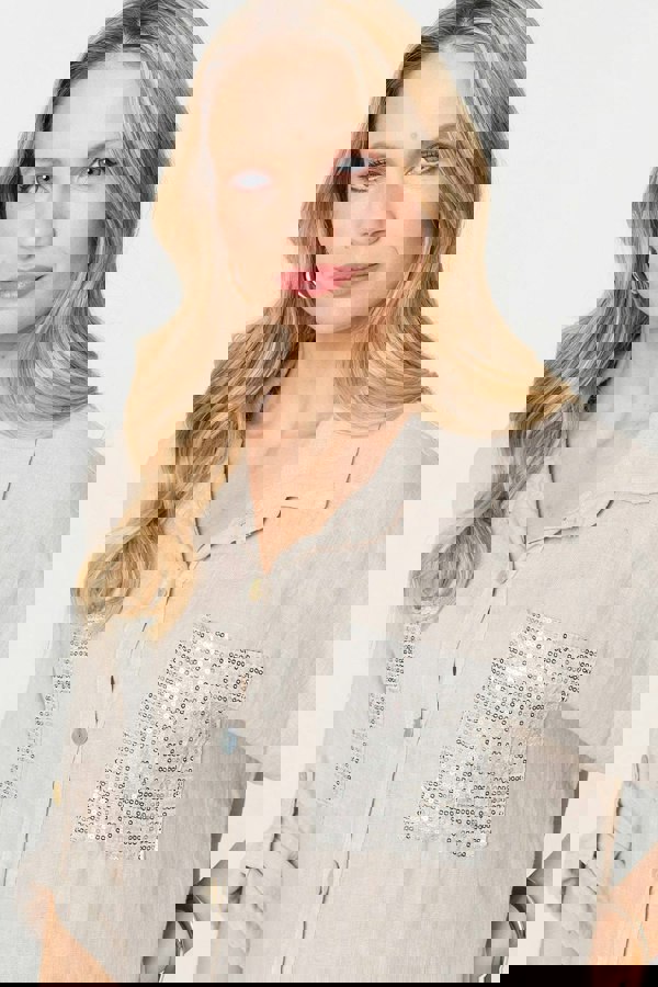 Beige | Sequin Detail 3/4 Turn-Up Sleeve Shirt
