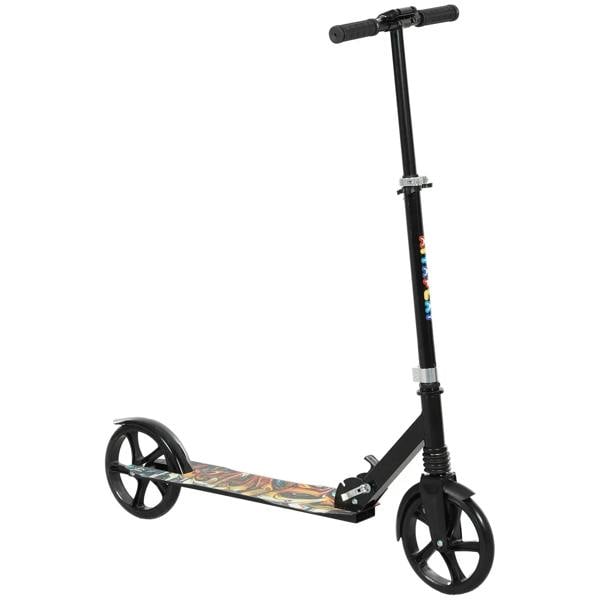Black foldable kids scooter with adjustable handlebar, large wheels, rear fender brake