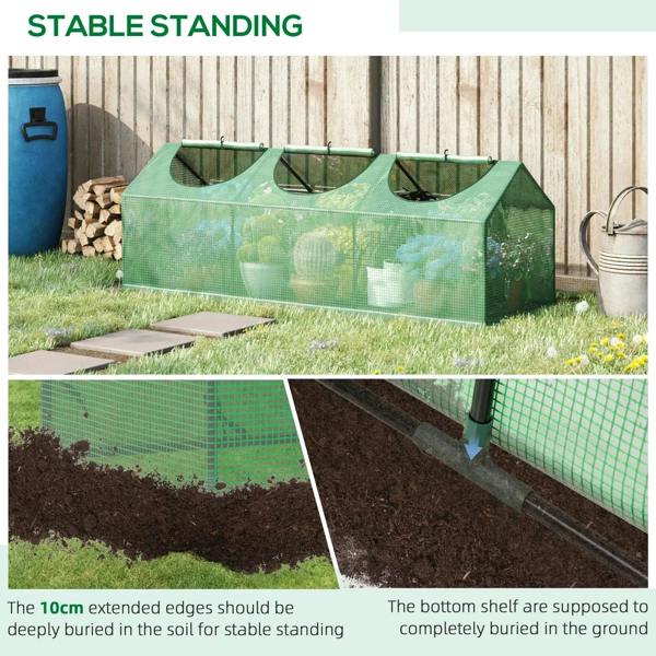 Green mini greenhouse with roll-up windows, raised frame, and bottom shelf