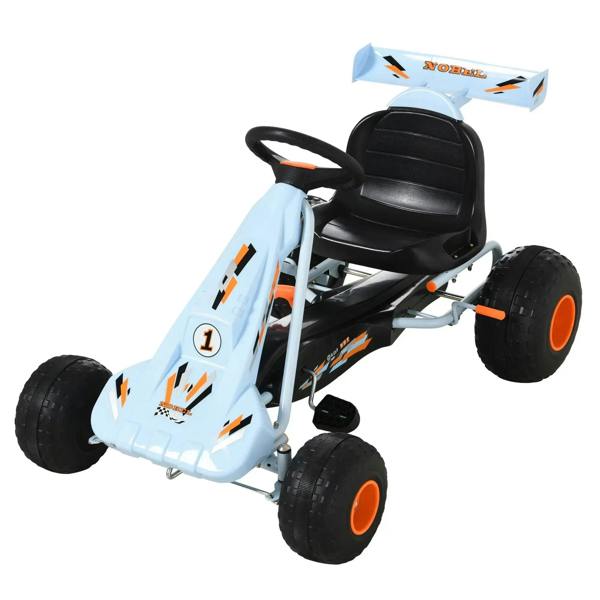 Light blue kids pedal go-kart with black seat, orange wheels, steering wheel, and brake gears