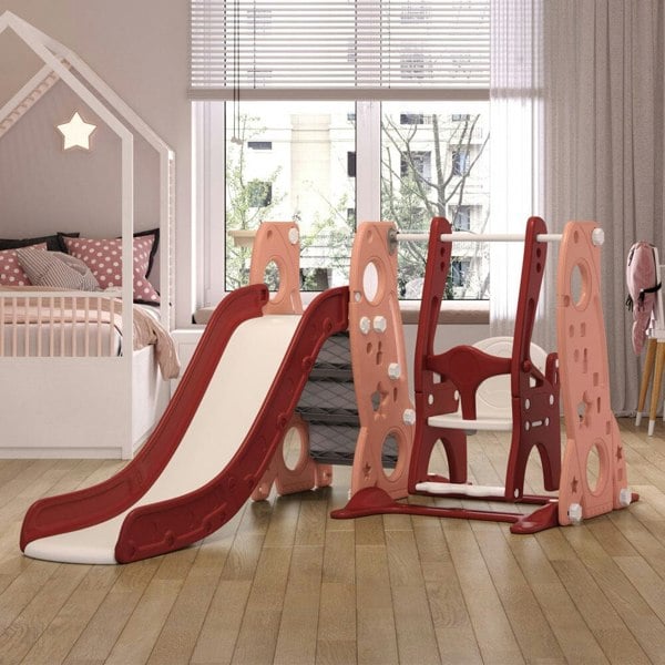 4-in-1 Toddler Climber and Swing Set with Basketball Hoop Kids Swing and Slide Set for Indoor Outdoor Playground Living and Home