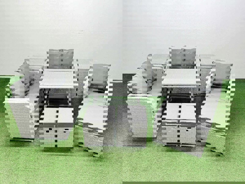 Fimous 8 Seater Outdoor Rattan Garden Furniture Set Love Sofa Reclining Chair Set with Rectangular Dining Table 2 Side Tables 3 Footstools Light Grey