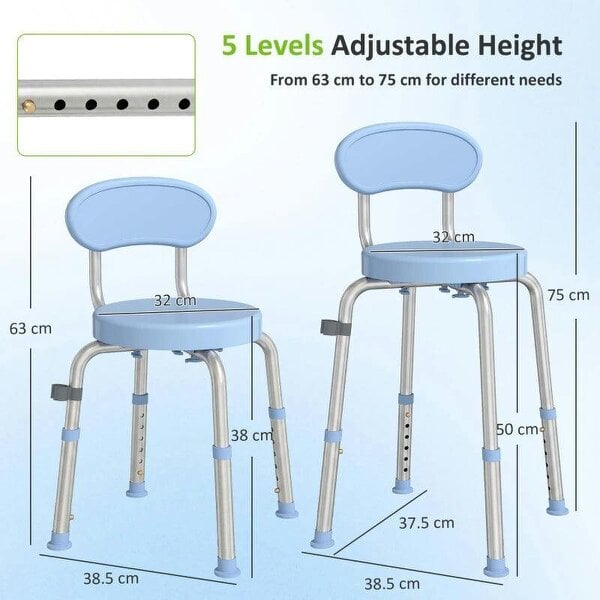 360° Swivel Shower Stool with Aluminium Frame, 5-Level Adjustable Height, Backrest, Non-Slip Shower Chair for Elderly