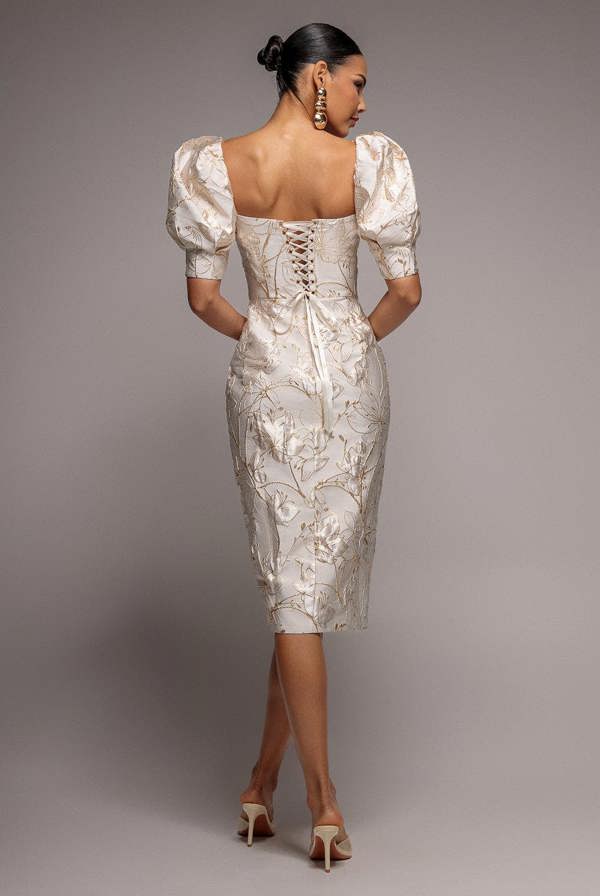 Puff Sleeve Sweetheart Midi Dress - Cream DR4883