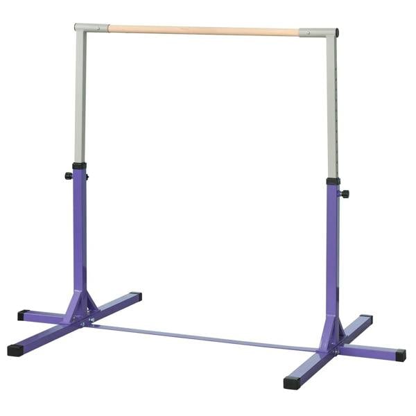 Purple adjustable horizontal gymnastics bar on white steel frame with wide base pads