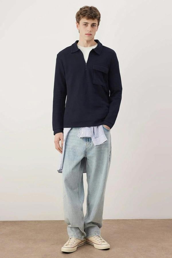 WOVCOR Polo Collar Zippered Men's Sweatshirt with Pocket Detail