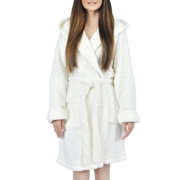 Smart Living Women's Faux Fur Fleece Hooded Bathrobe- Cream