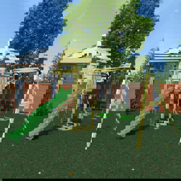 Gaia Climbing Frame Tower with swings climbing rope and slide - Best Shed