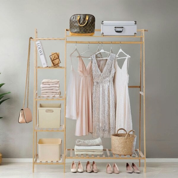 Neo Bamboo Rack Clothes with Storage Shelf Hanging Rail and Side Hooks