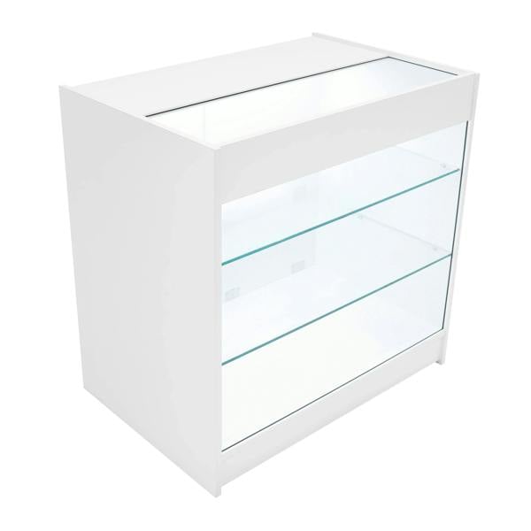 White Astro LED shop counter set with glass shelves, featuring a sleek design and modern finish, ideal for retail displays