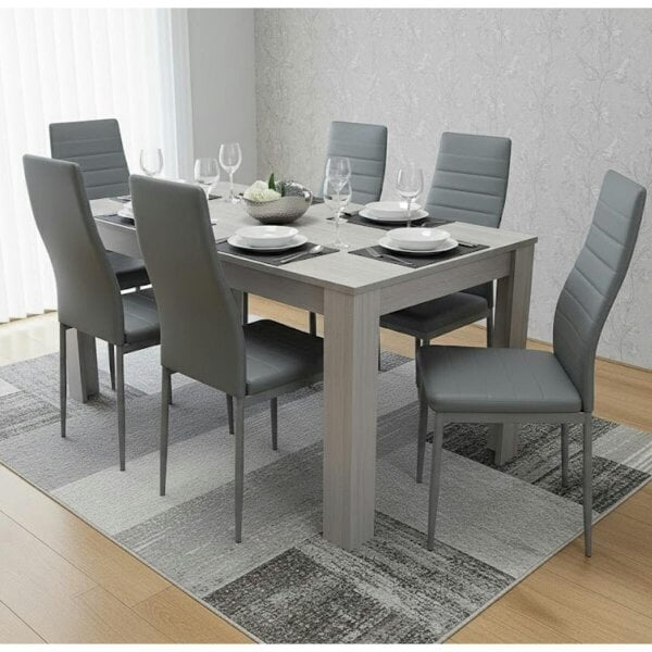 Kosy Koala Modern Dining Table Set With 6 Grey Faux Leather Chairs Dining Room Furniture