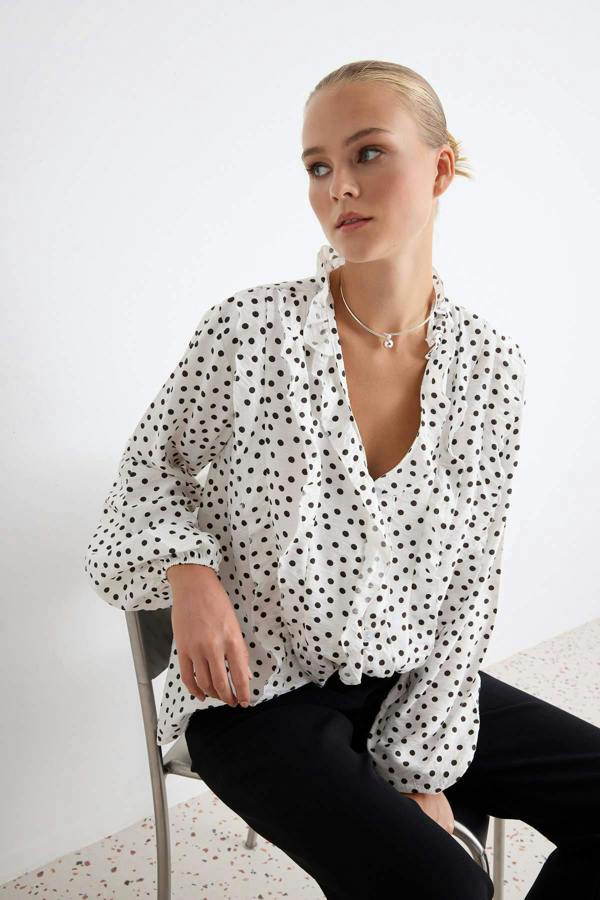 WOVCOR V Neck Long Sleeve Frill Detail Woven Shirt